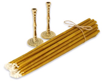 Set of 2 Decorated Single Brass Candlestick Holders and 20 pcs Pure Beeswax Church Candles | Orthodox Gift | Prayer Corner | Home Altar