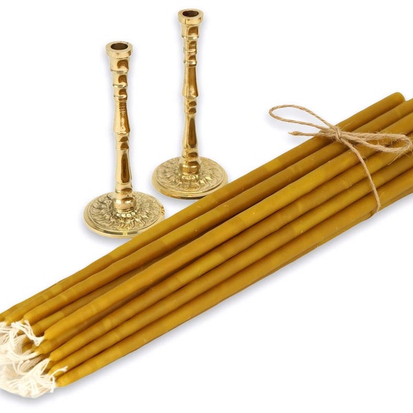 Set of 2 Decorated Single Brass Candlestick Holders and 20 pcs Pure Beeswax Church Candles | Orthodox Gift | Prayer Corner | Home Altar