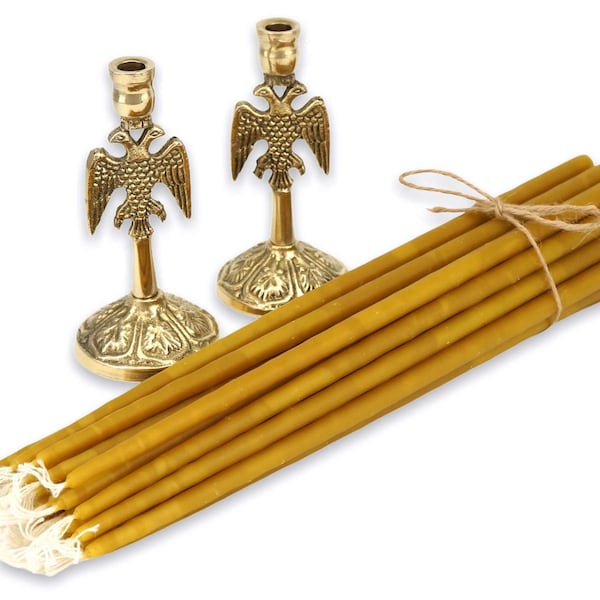 Set of 2 Eagle Design Candle Holders and 20 pcs 100% Pure Beeswax Candles | Gift Pack | Prayer Corner | Home Altar | Baptism Gift