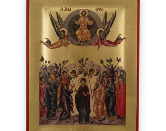 Pode incluir: Um ícone religioso com fundo dourado e borda vermelha. A imagem retrata uma figura central rodeada por anjos, com figuras abaixo. Os textos "A ANA" e "AYIC" são visíveis no topo. As figuras estão vestidas com vestes.