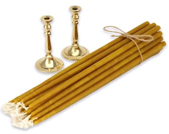 Mini Brass Candlestick Pair - Tiny Candle Holders Set + 20 pcs Thin Pure Beeswax Taper Candles | Prayer Corner | Home Altar