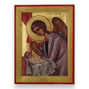 Guardian Angel Icon - Raised Border Greek Orthodox Icon | Handmade on Solid Natural Wood