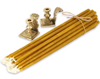 Set of 2 Decorated Single Brass Candlestick Holders and 20 pcs Pure Beeswax Candles | Orthodox Gift | Prayer Corner | Home Altar