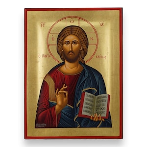 Christus Pantokrator Ikone - Reliefartige griechisch kyrillische Ikone | Handgefertigt auf Massivem Naturholz