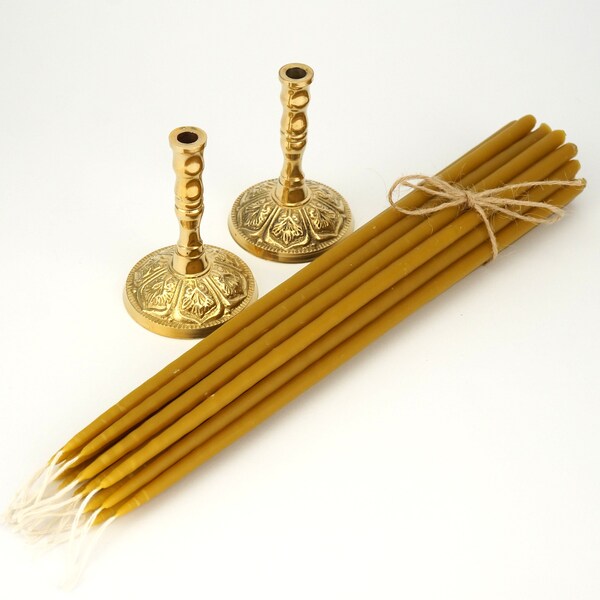 Set of 2 Single Brass Candle Holders and 20 pcs 100% Pure Beeswax Candles | Gift Pack | Prayer Corner | Home Altar | Baptism Gift