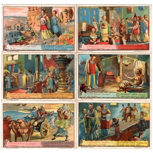 1930 - Confúcio, filósofo chinês - Conjunto completo de 6 cartões comerciais Liebig belgas vintage
