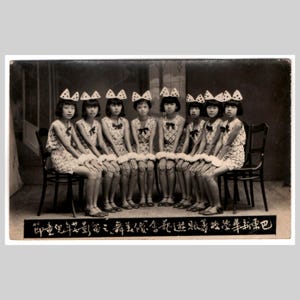 Vintage photo postcard - China? Singapore? Hong Kong? school children class group costumes fashion girls dance troupe - Antique rppc ca 1930