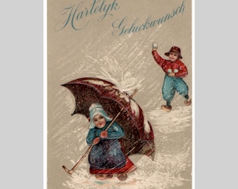 Vintage Christmas postcard - Children snowball fight embossed - Antique illustrated greeting card 1910