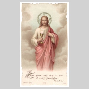Antica immagine sacra religiosa cattolica belga, immagine sacra europea di preghiera e comunione, litografia d'epoca - Gesù Cristo art nouveau edoardiano 1910