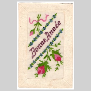 Cartolina d'epoca francese con ricamo originale - Tessuto ricamato per biglietto di auguri di buon anno - Biglietto d'auguri antico del 1920 circa