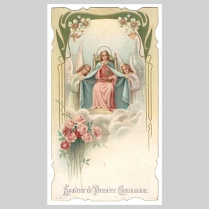 Antica immagine sacra religiosa cattolica francese, immagine sacra europea vintage - Gesù Cristo, angeli e comunione, circa 1905