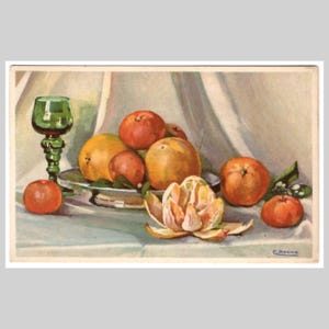 Cartolina d'epoca con natura morta - Dipinto artistico di frutta, arance e mandarini, inutilizzato - Biglietto d'auguri illustrato retrò, circa 1925