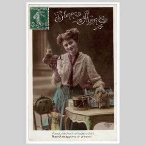 French Christmas photo postcard - Woman lady toys doll toy dog edwardian new year - Antique hand tinted rppc greeting card 1908