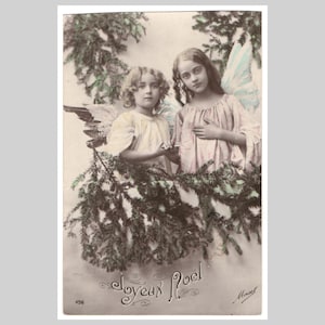 Cartolina d'epoca di Natale con foto autentiche - Bambine e angeli a Natale - Antica cartolina d'auguri edoardiana tedesca dipinta a mano, stile RPPC, circa 1910