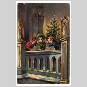 Vintage Weihnachtspostkarte - Kinder caroling Kirche Engel Statue religiösen christlichen katholischen - Antike Grußkarte 1919