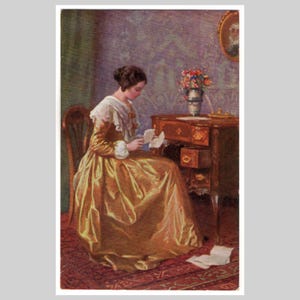May include: A painting of a person in a long, golden-yellow dress with a white lace collar, seated at a dark wooden desk. The person holds a white letter. A vase of colourful flowers sits on the desk, and white papers are scattered on the floor.