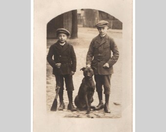 Vintage real photo postcard - Young boys dog portrait - Antique rppc private greeting card ca1915