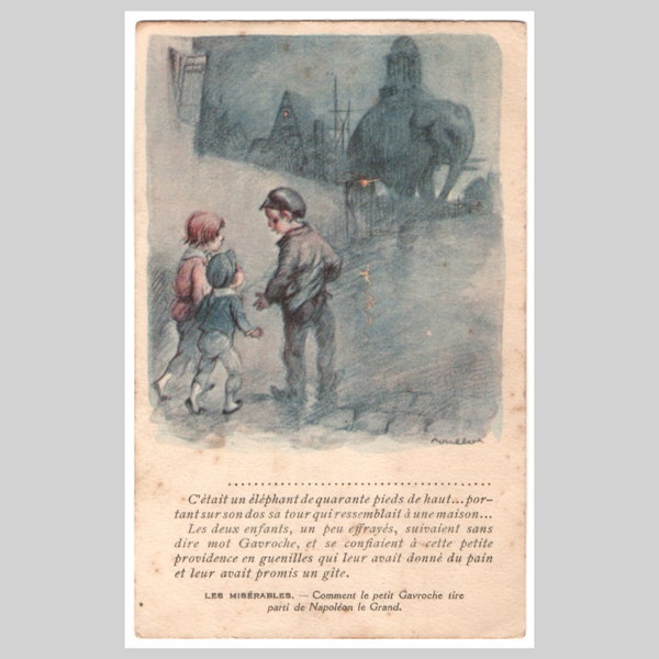 Vintage Poulbot postcard - Artist signed Les Misérables elephant statue scene Victor Hugo Gavroche - Antique illustrated greeting card c1920