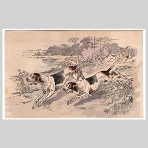 Postal vintage de perro - Litografía de perro de caza pointer sin usar - Tarjeta de felicitación victoriana francesa antigua ca. 1900