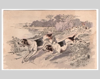 Cartão postal vintage de cachorro - Cão de caça pointer, litografia, sem uso - Cartão de felicitações vitoriano francês antigo, por volta de 1900