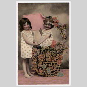 Antique edwardian postcard - Children little girl wicker basket gilded unused - Vintage German greeting card ca 1905