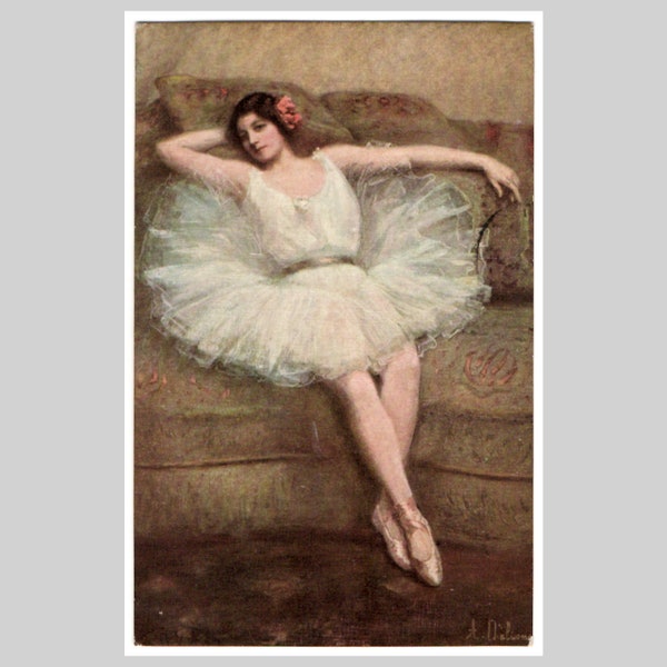 Vintage ballerina postcard - Girl tutu ballet dance art painting artist signed Delions - Antique French greeting card 1923 Salons de Paris