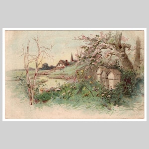 Cartolina antica con paesaggio - Fattoria con alveari e betulle, dipinto naturalistico - Biglietto d'auguri illustrato in stile vittoriano francese, circa 1900