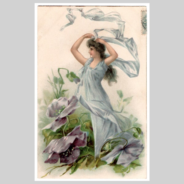 Victorian fairy postcard - Woman lady flower goddess violets embossed - Antique illustrated greeting card ca 1900