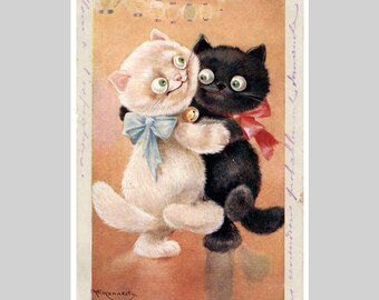 Vintage Vienne postcard - Anthropomorphic dancing cats black white ball googly eyes - Antique illustrated greeting card 1913