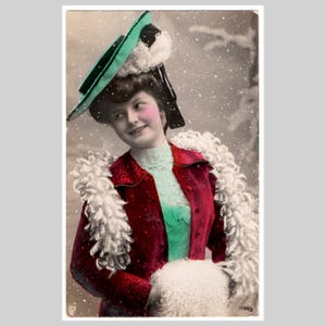 Postal antigua con foto real - Mujer, abrigo, sombrero, invierno, moda, glamour, nieve cayendo - Tarjeta de felicitación antigua de 1906 (1)