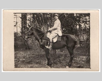 Vintage WWI real photo postcard - French army cavalry soldier horse - Antique private rppc ca1915