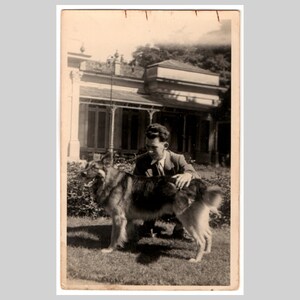 Vintage dog real photo postcard - Man with german shepherd - Retro mid century rppc private greeting card ca 1945