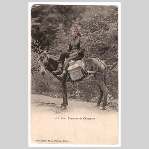 Vintage Franse ezel rppc - Vrouw meisje rijdt op muilezel - Antieke echte fotokaart wenskaart 1908
