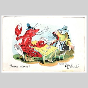 Cartolina d'epoca per il pesce d'aprile - Pesce e aragosta vestiti in modo antropomorfo che giocano a poker - Biglietto d'auguri illustrato francese retrò del 1951