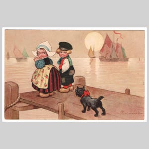 Cartolina d'epoca di Colombo - Bambini olandesi in abiti tradizionali, costumi e abiti popolari - Biglietto d'auguri illustrato antico, circa 1925