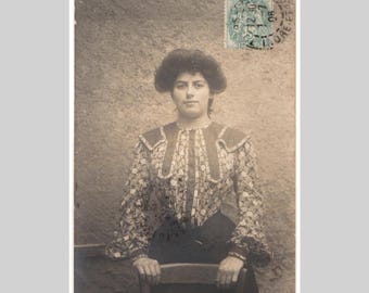 Antique French rppc - Woman portrait period dress - Vintage private real photo postcard 1906