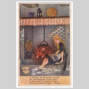 Cartolina d'epoca di Cenerentola - Fiaba popolare di Willy Schermele firmata dall'artista - Biglietto d'auguri illustrato antico del 1935 circa
