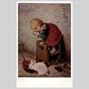 Cartolina illustrata d'epoca - Bambina spaventata dal coniglio bianco, bambola coniglietto, dipinto d'arte - Biglietto d'auguri antico, circa 1910