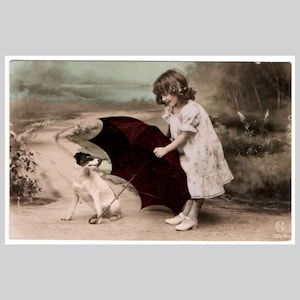 Vintage dog real photo postcard - Little girl child dog umbrella hand colored - Antique German rppc greeting card ca 1910