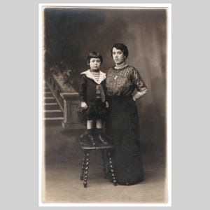 Antique French rppc - Woman lady boy mother son period fashion period dress - Vintage private real photo postcard ca 1915