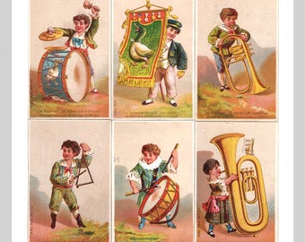 ca. 1895 – Marschkapellenmusiker – Komplettes Set mit 6 antiken viktorianischen Werbekarten
