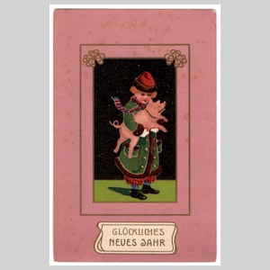 Cartolina d'epoca di Capodanno - Maialino femmina in stile art nouveau edoardiano - Antica cartolina d'auguri illustrata di Natale del 1910 circa