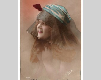 Vintage photo postcard - Woman hat veil hand tinted - Antique French art deco rppc ca1925