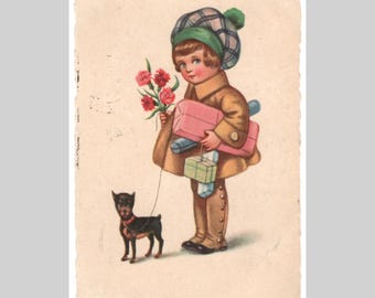 Vintage birthday postcard - Girl gifts dog fashion hat - Art deco greeting card 1926