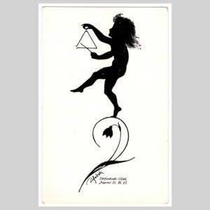 Antica cartolina con silhouette - Fata dei fiori firmata dall'artista Diefenbach, ombra contorno - Biglietto d'auguri illustrato d'epoca 1922 (1)