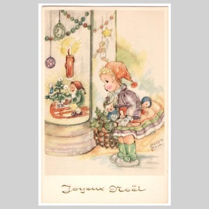 Retro Christmas postcard - Girl window shopping dolls gnome - Old mid century illustrated Belgian greeting card ca 1950