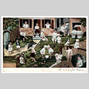 May include: Vintage postcard featuring a whimsical illustration of children in various activities. The scene includes a building with windows, children in hats, and text that reads "ferienkolonie" and "15-4-03-Jos Marie". The color palette is muted with greens, browns, and whites.