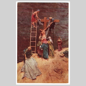 Antica cartolina francese - Gesù Cristo deposto dalla croce, dipinto religioso, arte - Cartolina d'auguri illustrata d'epoca, litografia del 1911