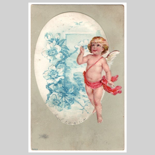 Victorian angel postcard - Religious Christian litho lithograph Easter cherub embossed - Antique old unused greeting card ca 1900