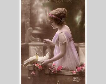 Vintage real photo postcard - Woman girl doves glamour - Antique hand tinted rppc 1913 (2)